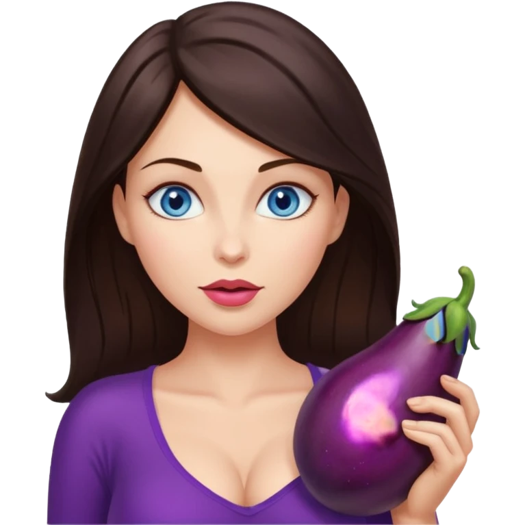 Brunette woman with blue eyes, with big naked tits with nipples, sucking eggplant  emoji
