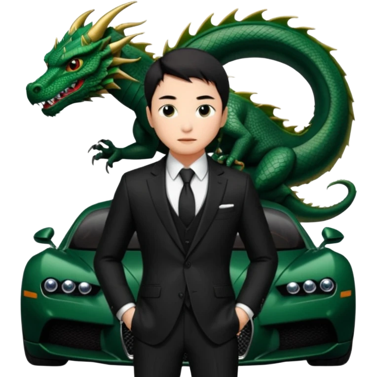 mysterious scenery: green audemars piguet watch (without text), black bugatti, and a dark green dragon, and a mysterious chinese agent from The Matrix with his eyes censored emoji