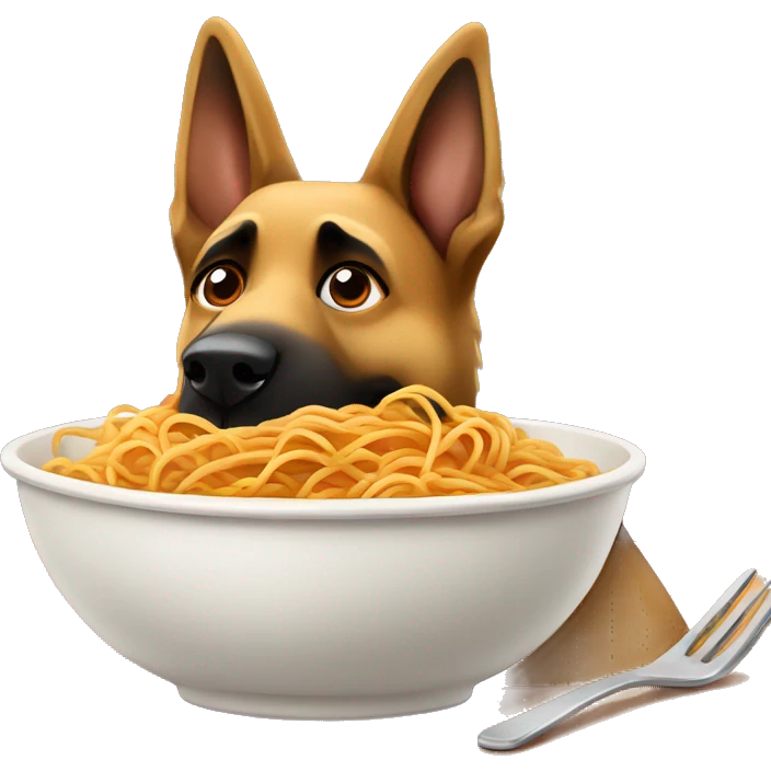 German shepherd eating a big bowl of spaghetti emoji