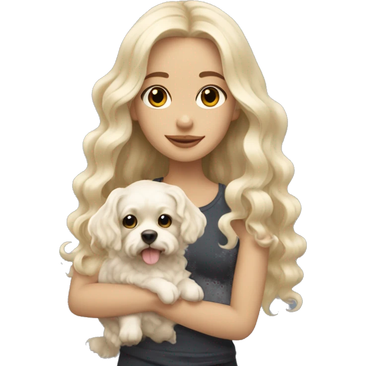 White blonde long wavy hair girl holding a cute multipu dog with short ears wavy fur emoji