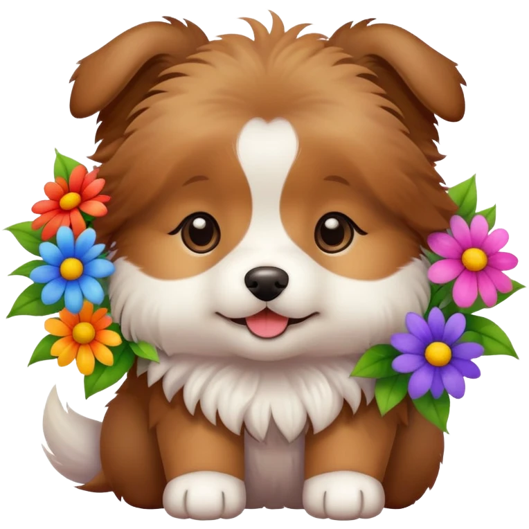 A cute dog holding a lot of flowers emoji
