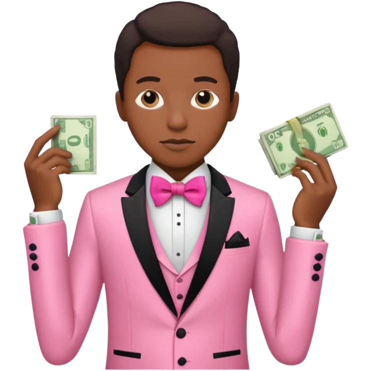 ambitious thinking about money, black person, pink tuxedo emoji