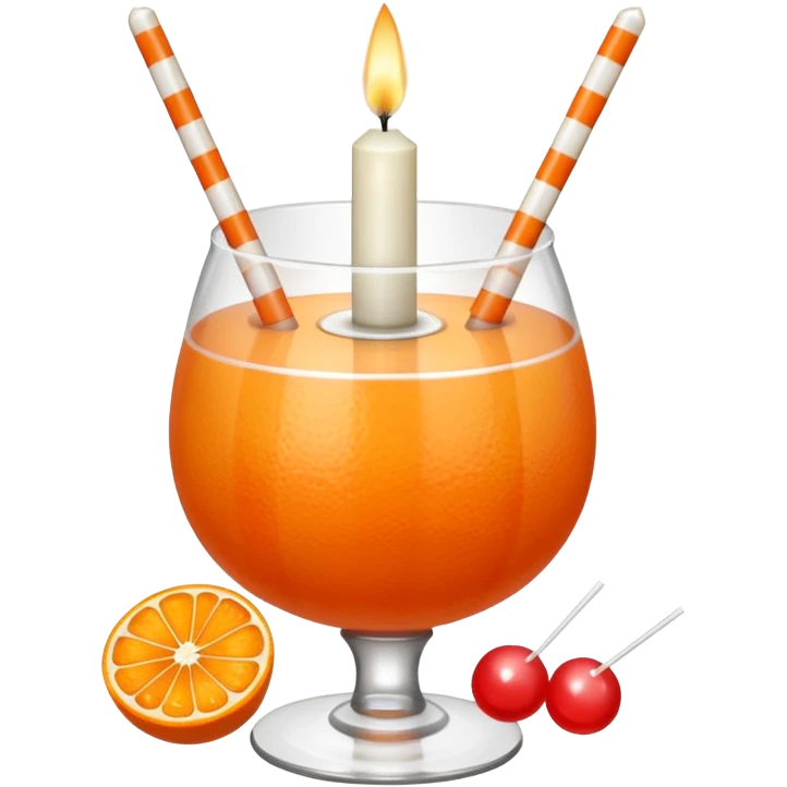 An orange fruit, not a drink, with a horizontal red stripe around the middle. 4 vertical cocktail sticks in the orange with small pieces of candy on the sticks. On top of the orange a small white lit candle. emoji