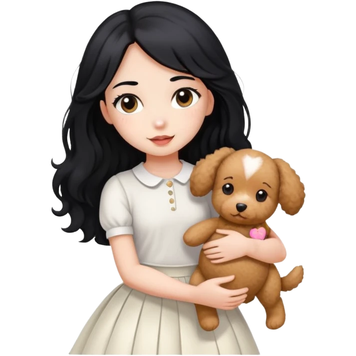 A beautiful girl with long straight black hair wearing a white skirt holding a small brown curly teddy dog emoji