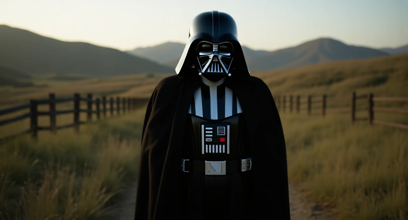 A portrait of a Darth vader in the foreground, blurred plants in the foreground (close to the camera), a wooden fence in the midground, rolling hills in the background, cinematic depth of field, layered composition, natural lighting emoji