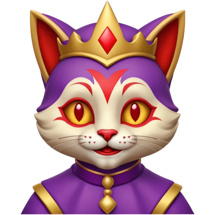 crazy colorful cute little cat jolly joker from poker, medieval, vintage, court jester, mac os icon, purple, gold and red color, half body. Squared shape as 3D mac os icon, skeuomorphic emoji