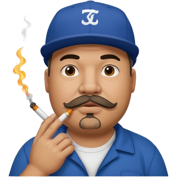 a fat dad in a hip hop cap with a tattoo, a cigarette in his mouth, and a mustache. emoji