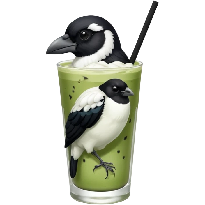 It’s an Australien Magpie (just black and white feathers) sitting on an iced matcha latte on the edge of the glass. It has green matcha on its beak indicating it drank. The iced matxha latte is in a see through glass and white from the oat milk on the bottom and green on top… one straw and ice cubes emoji