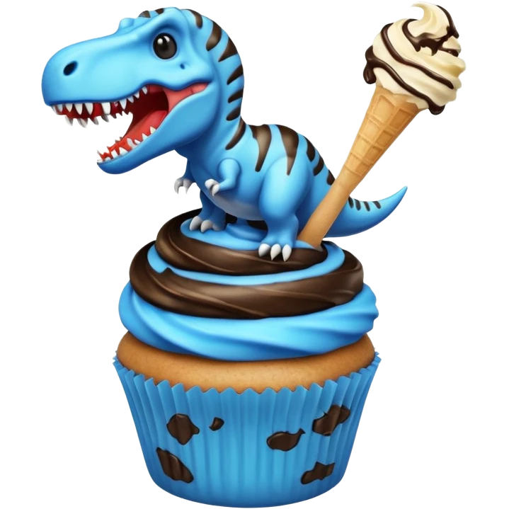 A cupcake having blue and black icing and a dinosaur as a decoration and ice cream next to it emoji