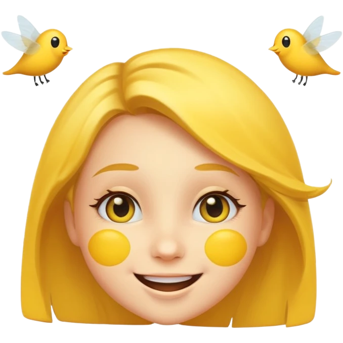 😊🥺 these emojis but with flies around it and its happy yellow face emoji black eyes like the 4th image but its cuter remove the nose make the eyes bigger and fully black and close its mouth make it smile girl whatever emoji