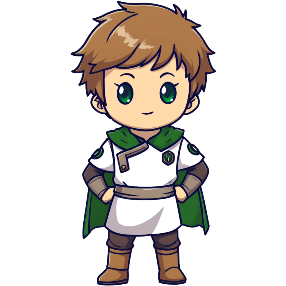 Young Rudeus Greyrat chibi, big green eyes, round face, messy light brown hair, wearing a tunic, cute and curious anime style emoji
