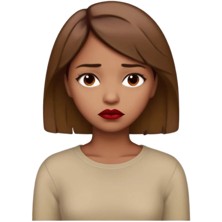 a brown girl with short light brown hair wearing a beige full sleeve and looking sad. dark red lip emoji