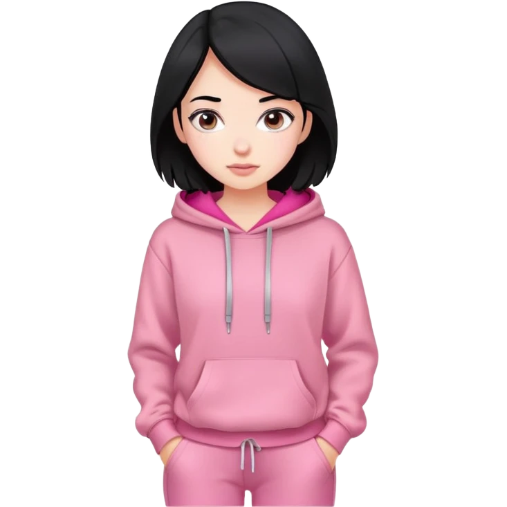 pale girl, medium black hair, pink cozy hoodie and pants emoji
