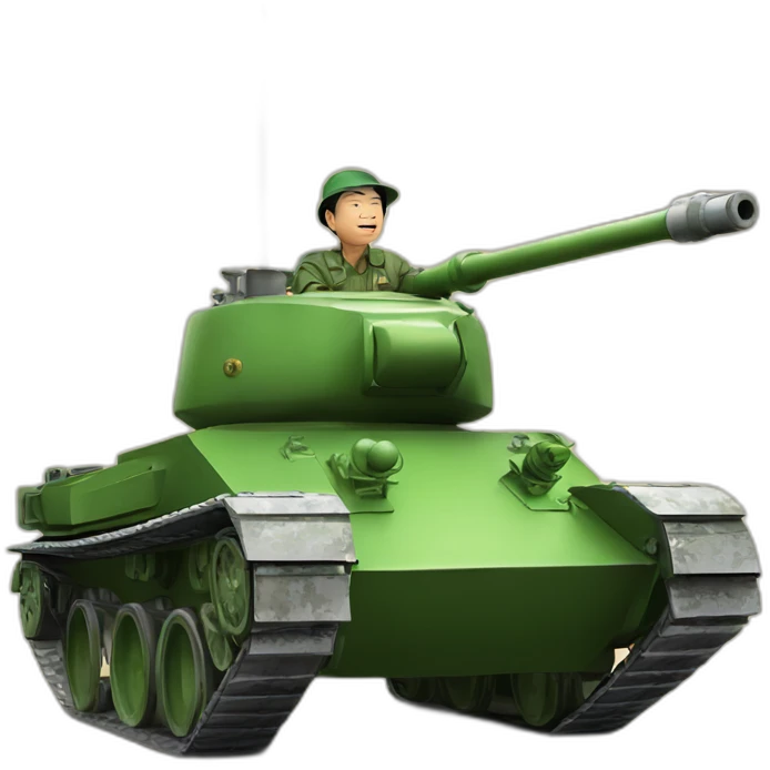 A Chinese man in a Chinese hat rides a green T-34 tank emoji