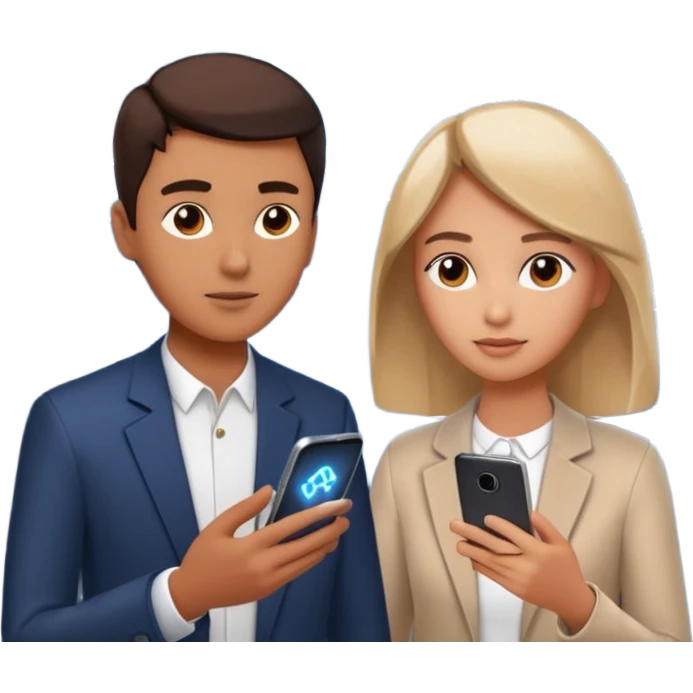 Generate a realistic emoji of a two people using a phone which shows artificial intelligence. Out of the phone is coming 3d ideas and electric symbols and a lot of small ideas popping up emoji