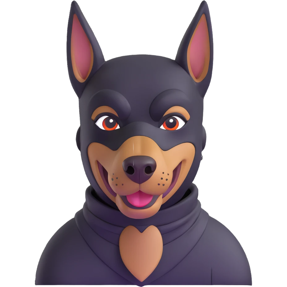 Doberman with a bandit mask and a cheeky grin emoji