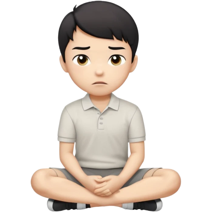 A cartoon young Asian boy with short black hair, light beige skin, and large expressive eyes, wearing a white polo shirt, gray pants, and black shoes. He sits cross-legged on the ground, one fist resting on his cheek, with a closed-mouth smirk. Clean lines, flat colors, solid black background. emoji