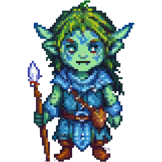 blue-green firbolg character, pixel art, emoji size emoji