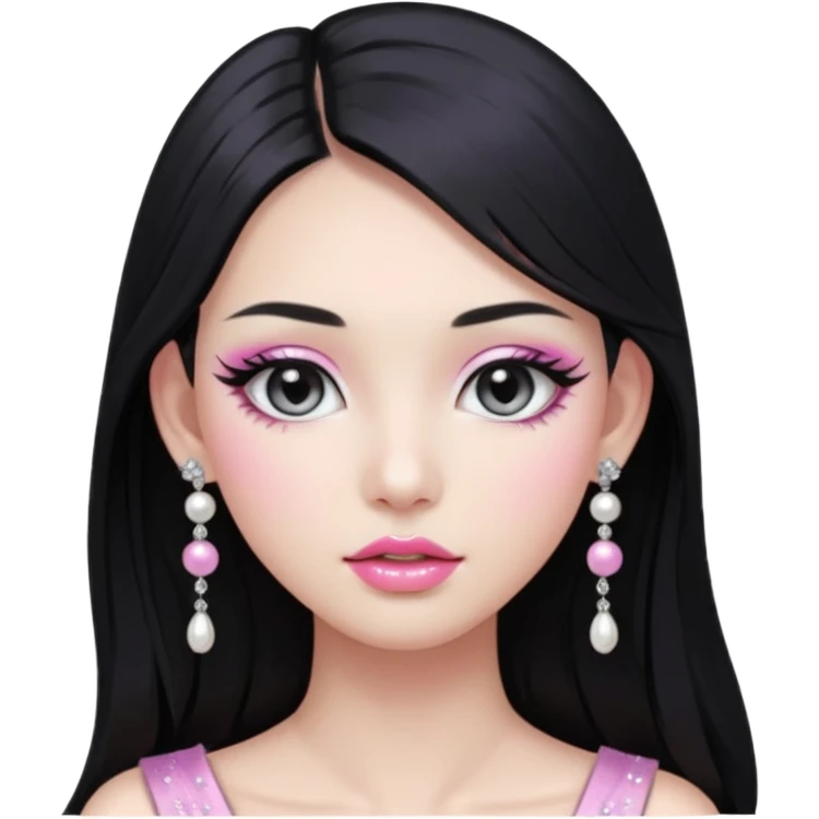 asian long black hair silver grey eyes glossy lips glittery white and pink eyeshadow girl pearl earrings emoji