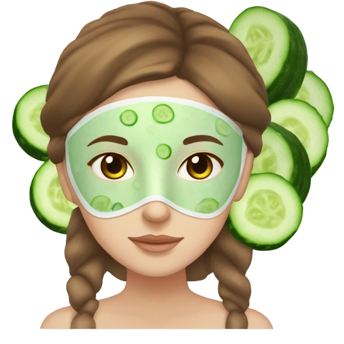 Girl with freackles Brown hair white skin and blue eyes wears Green skin care mask while She relaxes and two round piece cucumber on her closed eyes emoji