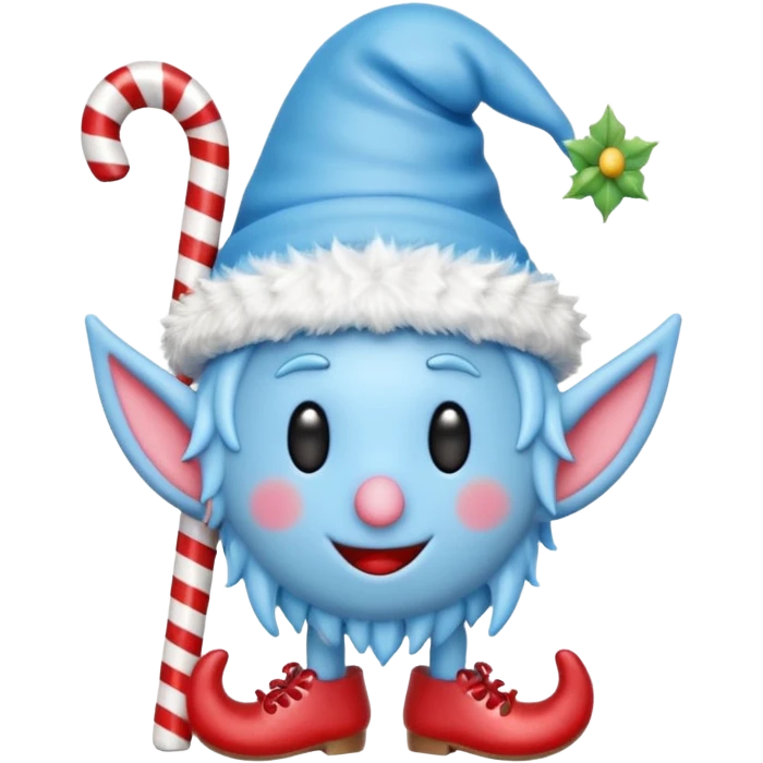 blue emoji creature with elf hat, small quills, candy-cane shoes, 3D emoji style, 1:1
 emoji