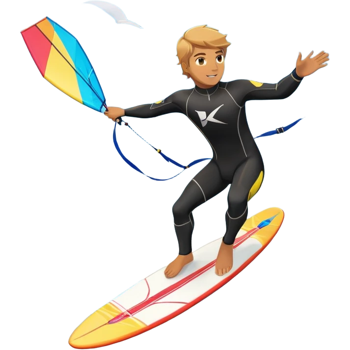 An athlete in a wetsuit riding a kiteboard, soaring over the waves with the kite high in the sky. The background features a vibrant blue sky and crashing ocean waves, capturing the thrill and freedom of kitesurfing in dynamic motion. emoji