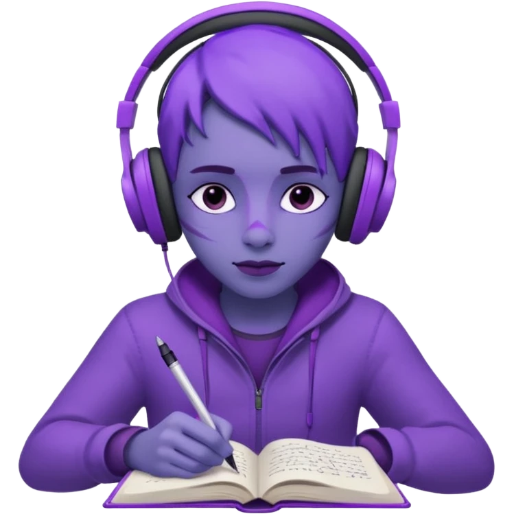 purple open written in journal with purple headphones on top emoji