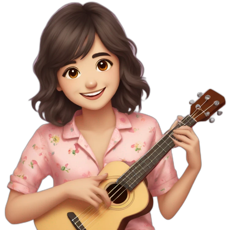 Shirley Setia long hair front looking smiling wearing pyjama playing ukulele  emoji