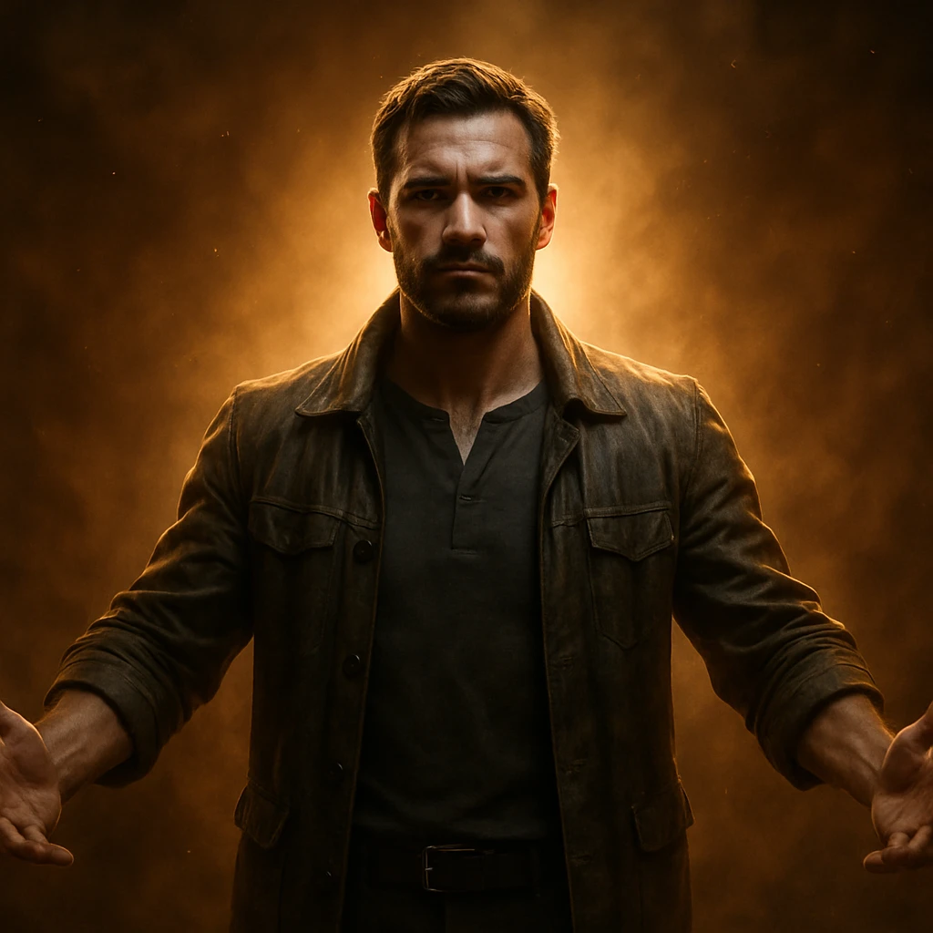 hyper realistic 4K cinematic image of a man with a powerful, protective aura, standing tall, open arms, dramatic warm lighting emoji
