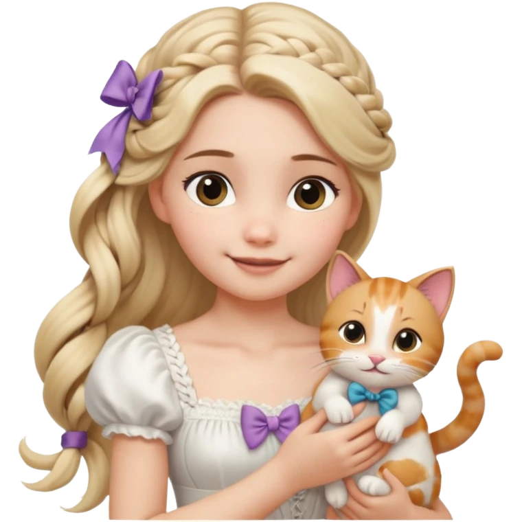 Cewek berbaju putih cantik memakai pita di rambut yang telah dia kelabang seperti rapunzel (membawa kucing lucu 1) dan tersenyum manis rambut nya tertiup angin emoji