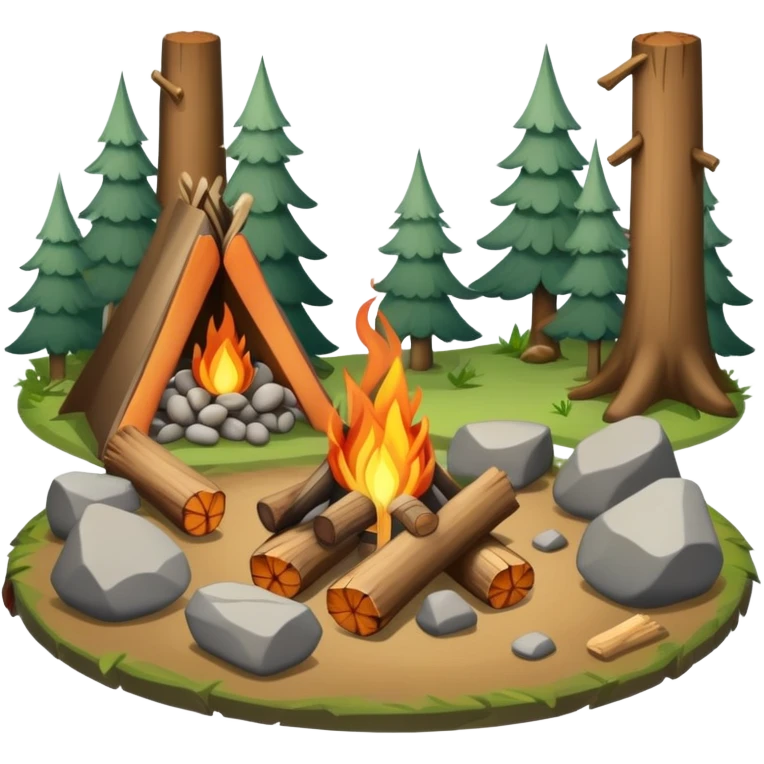 bushcraft campfire with stones, logs for sitting, in forest setting emoji