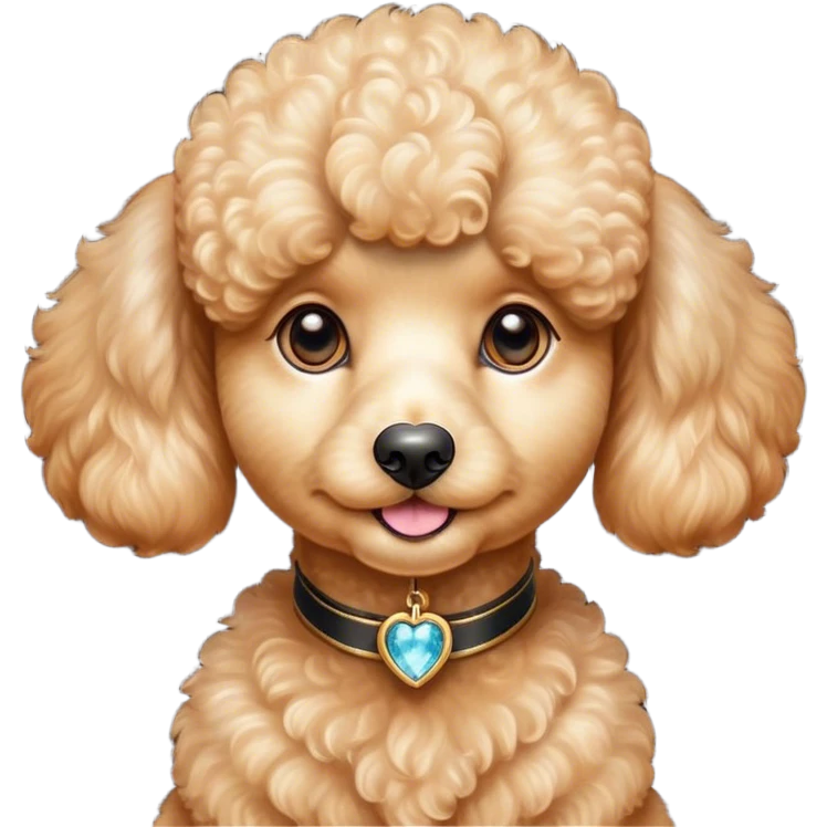 Cinematic Cute Apricot Poodle Portrait Emoji, Head tilted playfully and inquisitively, showcasing a bouncy, curly apricot Fur with a luminous sheen, round, sparkling warm eyes filled with curiosity, Simplified yet irresistibly adorable features, highly detailed, glowing with a warm, friendly glow, high shine, affectionate and lively, stylized with a touch of whimsy, bright and endearing, soft glowing outline, capturing the essence of a mischievous yet loving companion, so playful it feels like it could bounce out of the screen and into your arms! emoji