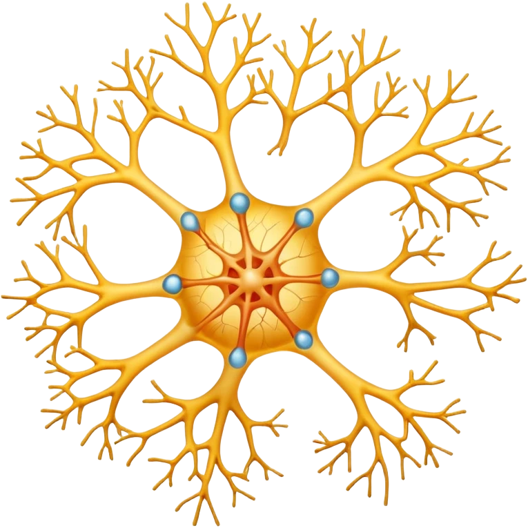 A scientifically accurate nerve cell with the 3 main components, dendrites on the cell body on one side , a long axon and a few dendrites at the other side. emoji