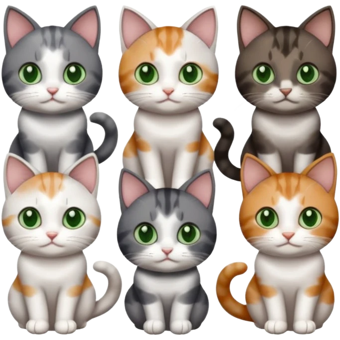 4 different coloured small cats including a dark grey and white, and a patchy calico, and a brown tabby and white,  and a completely solid dark grey with green eyes and only white paws emoji