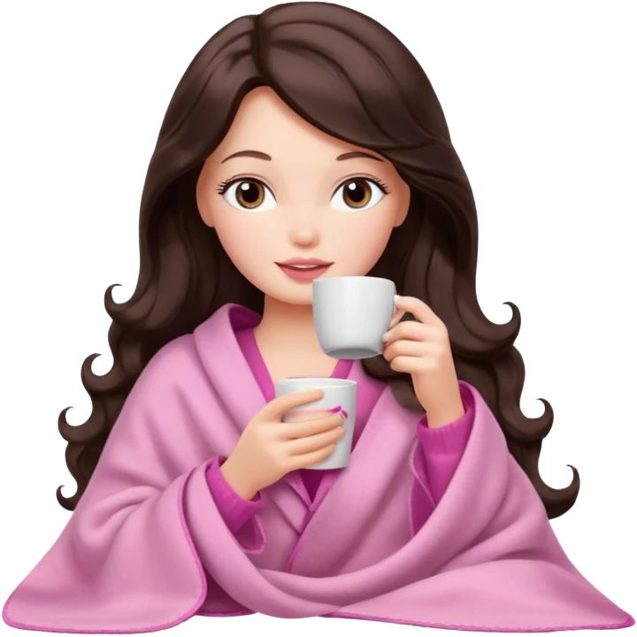 Barbie girl with a long wavy dark brown hair inside a pale pink blanket sipping coffee eyes closed emoji