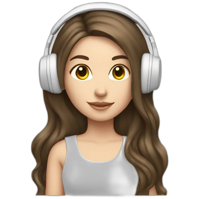 brunette white girl with long hair listening to music with her phone in her hand with white wired headphones  emoji