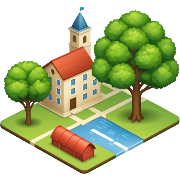 An icon featuring a local map, and regional landmarks, symbolizing local gardening. The design includes a tree, and 1 building, representing the unique geography and culture of a specific area. Transparent background highlights the exploration of local history and environment. emoji