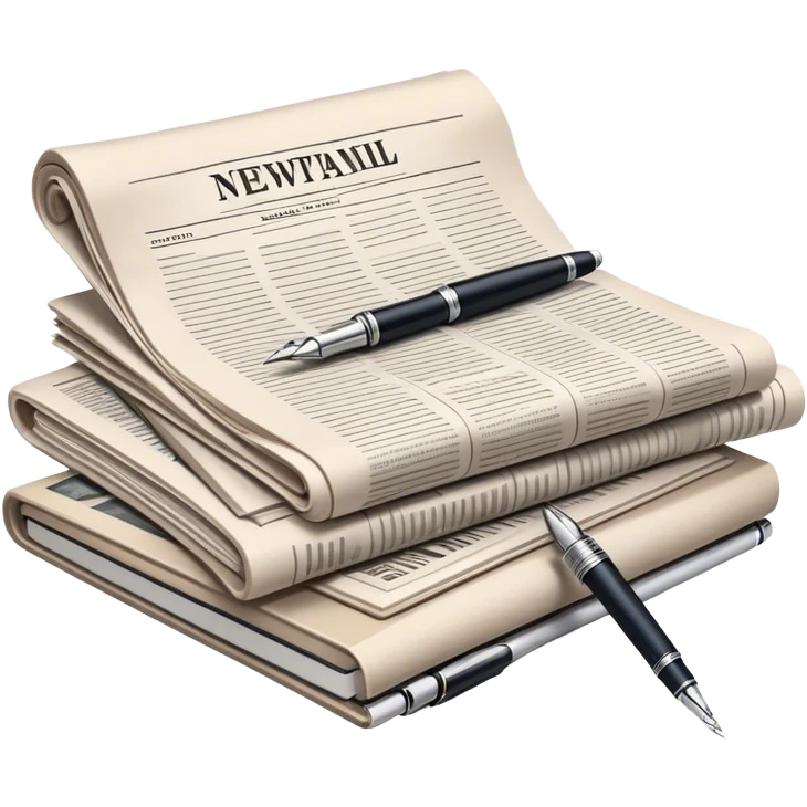 Create an emoji representing journalism and publicistic writing. The design should feature a stack of newspapers as the base, with an open working notebook placed on top of them. A single fountain pen should rest on the very top of the notebook, symbolizing the act of writing. Use neutral, professional colors like black, white, and muted tones to convey a sense of seriousness and intellect. Do not include any emojis or smiley faces. Make the background transparent. emoji