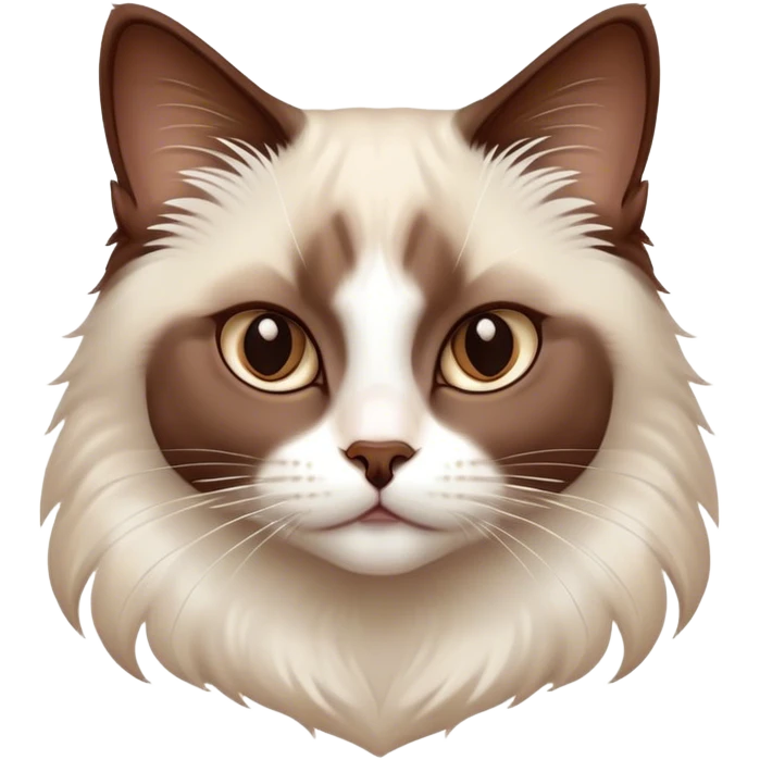 Cinematic Chocolate-Point Ragdoll Cat Portrait Emoji, Elegant and alert, sleek brown and white tones with a distinct white nose, Simplified yet sharp features, highly detailed, glowing with a warm, confident glow, high shine, intelligent and poised, stylized with an air of grace, focused and attentive, soft glowing outline, capturing the essence of calmness and elegance, so lifelike it feels as though it could spring into motion with a gentle, poised presence at any moment! emoji