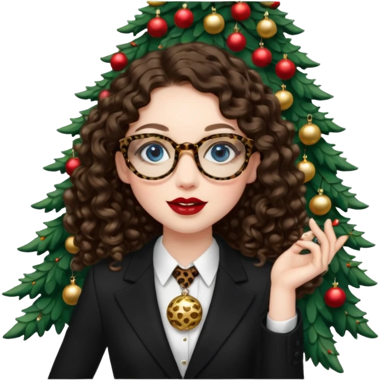 A girl with white pale skin, blue eyes, full lips, brunette long curly hair. She has a leopard print round-ish shaped glasses. She is wearing a all black suit. And she has red lipstick. She is putting gold ornaments happily to a christmas tree. emoji