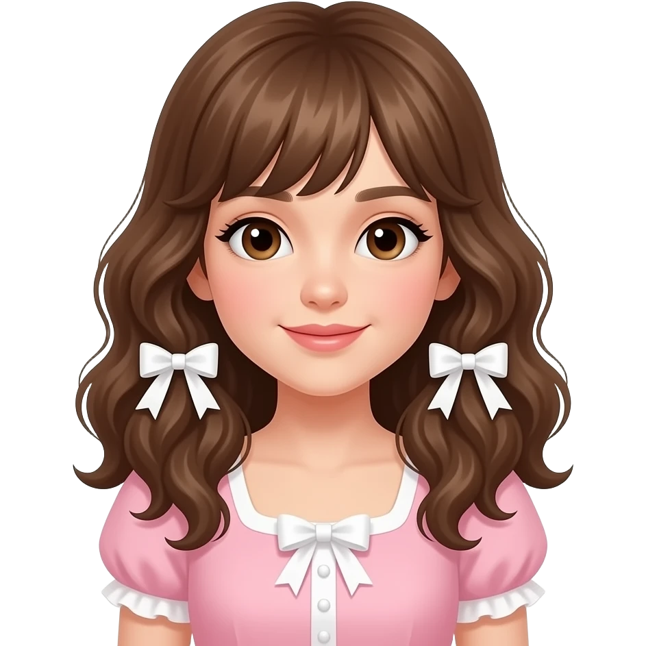 girl brown eyes, brown slightly curly long hair with bangs, pale pink dress, white hair bows emoji