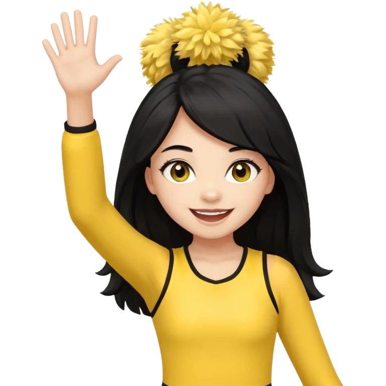 A long black hair teen girl waving pom-poms, eyes sparkling with excitement, yellow cheer leader top emoji