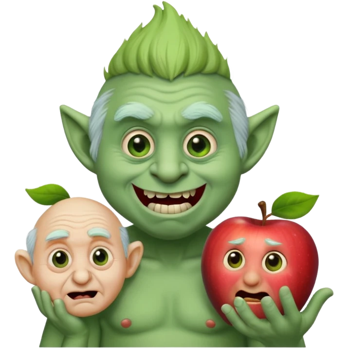 cheeky troll holding a small shocked old man, both with exaggerated expressions, apple emoji style emoji