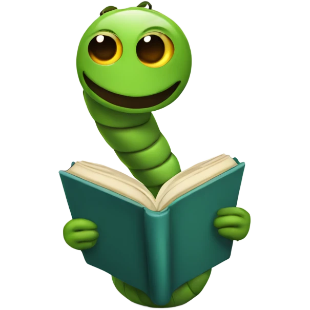 A worm wearing classes holding a book emoji