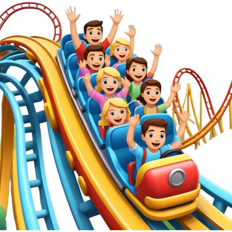 roller coaster with people riding, cheerful expressions emoji