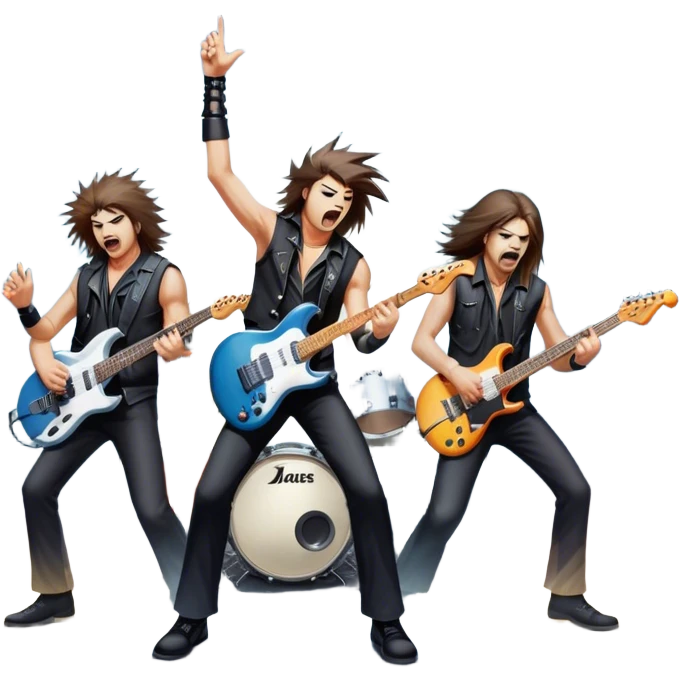Icon for Heavy Metal Music: 4 men band on stage with electric guitars, drums and intense lighting. 4 Musicians headbanging, surrounded by energy and stage effects, capturing the power and intensity of a metal concert. Transparent background. emoji