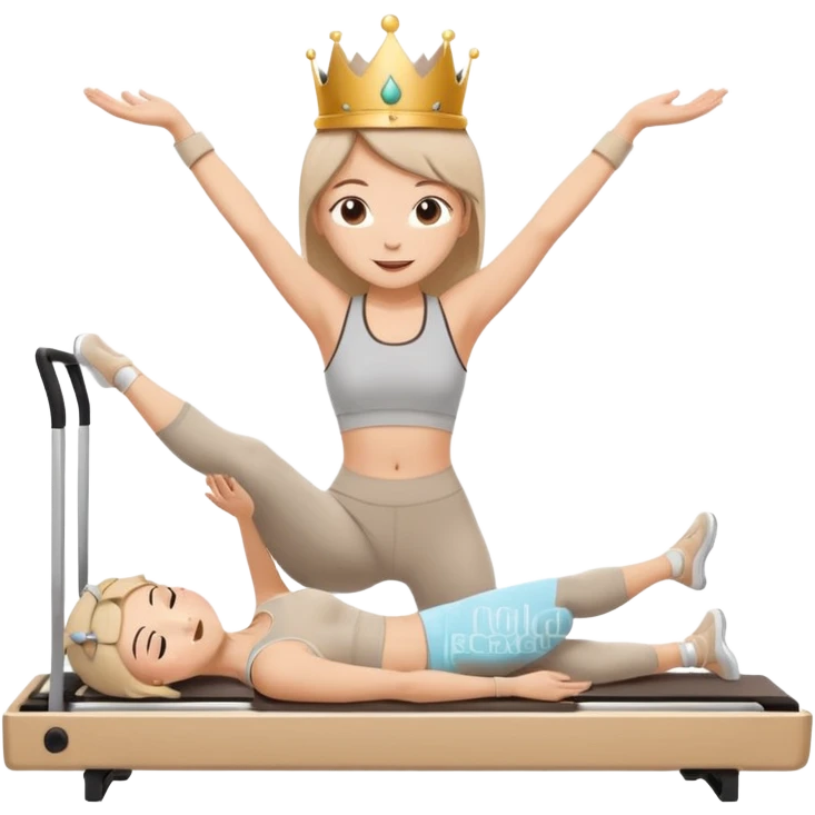 Cute sticker of a girl doing a Pilates stretch on a reformer while holding a cup of coffee in one hand. Wearing beige activewear and a small crown. Kawaii style, happy expression, vector, white outline, transparent background. emoji