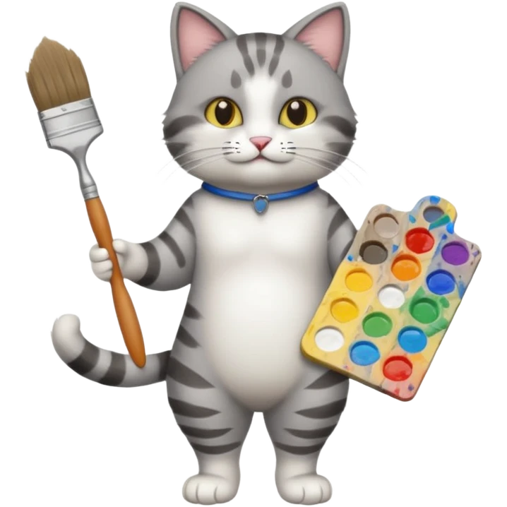 A full body cat holding brushes and a colour pallete because he is an artist emoji