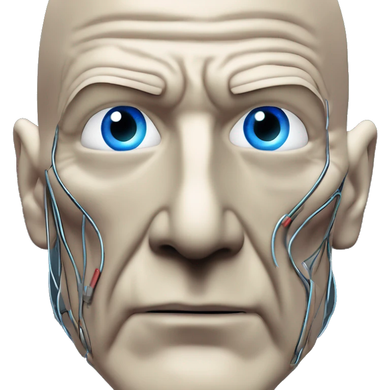 Jean luc picard from Star Trek assimilated by the Borg, with mechanical metal covering only the left side of his face, with wires and a red light on the left side. Both his eyes are unobstructed and are human blue eyes. emoji