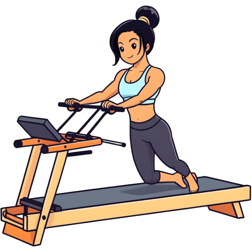 woman with tanned skin, long black hair, wearing a sports bra, doing exercise on a Pilates reformer machine emoji